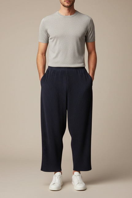 Pantalon Fluide Plissé Bleu Marine Décontracté Ample Homme - Polyester