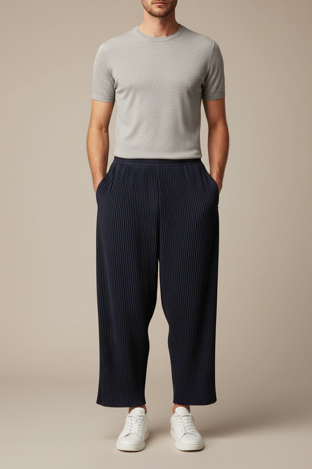 Pantalon Fluide Plissé Bleu Marine Décontracté Ample Homme - Polyester