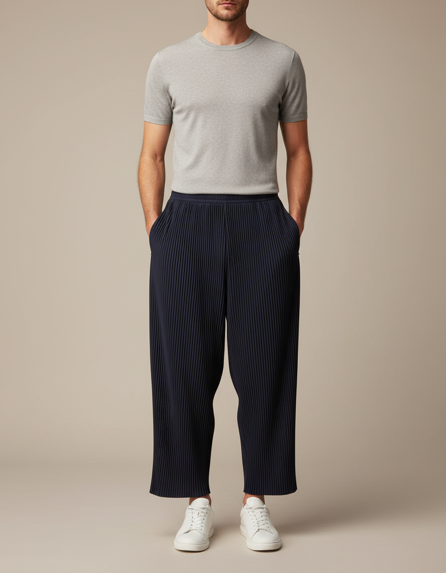 Pantalon Fluide Plissé Bleu Marine Décontracté Ample Homme - Polyester