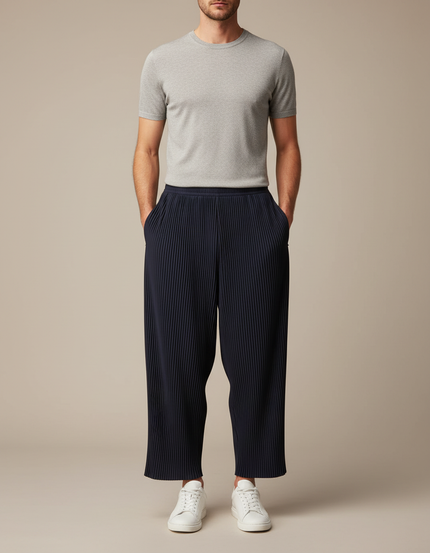 Pantalon Fluide Plissé Bleu Marine Décontracté Ample Homme - Polyester