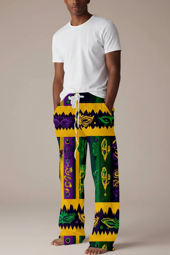 Pantalon Fluide Mardi Gras Masques Colorés Ample Homme - Multicolore Viscose