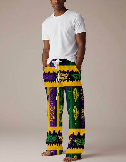 Pantalon Fluide Mardi Gras Masques Colorés Ample Homme - Multicolore Viscose
