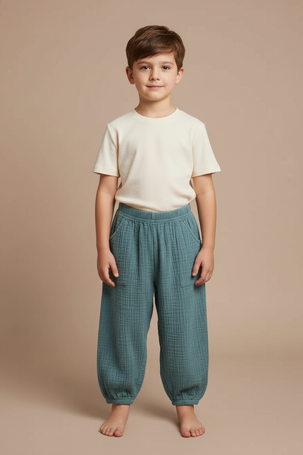 Pantalon Fluide Vert Ample Gaze Coton Enfant