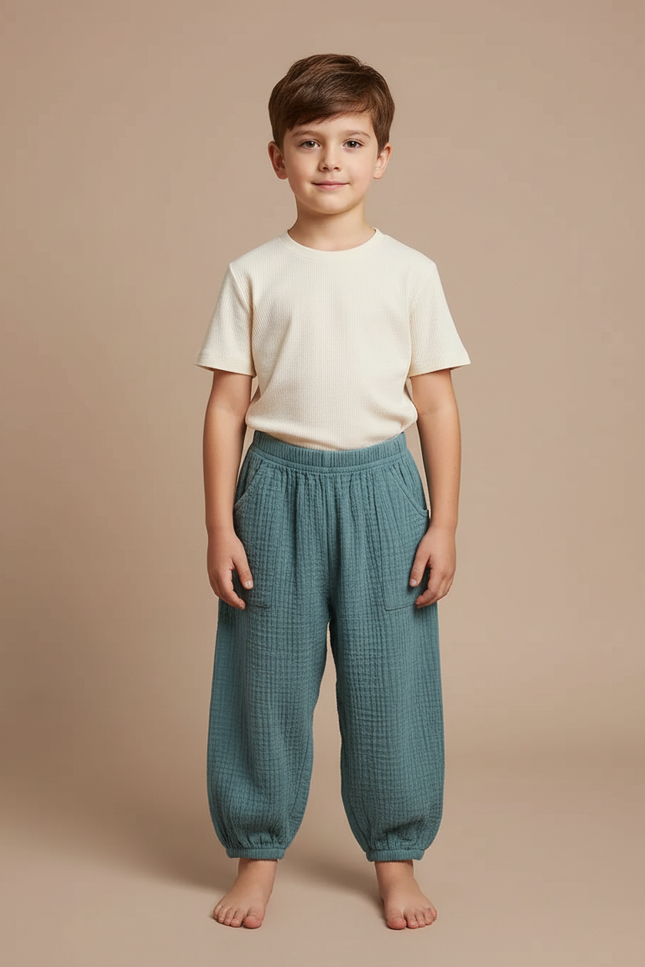 Pantalon Fluide Vert Ample Gaze Coton Enfant