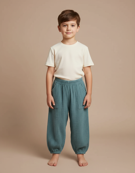 Pantalon Fluide Vert Ample Gaze Coton Enfant