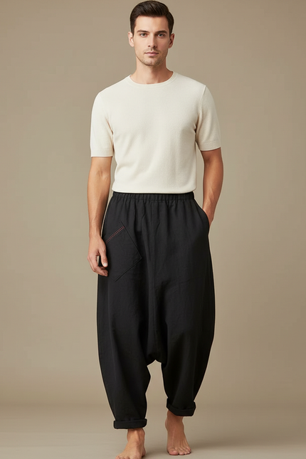 Pantalon Fluide Noir Ample Lin Homme Décontracté