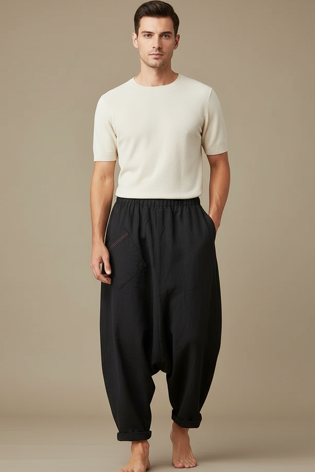 Pantalon Fluide Noir Ample Lin Homme Décontracté