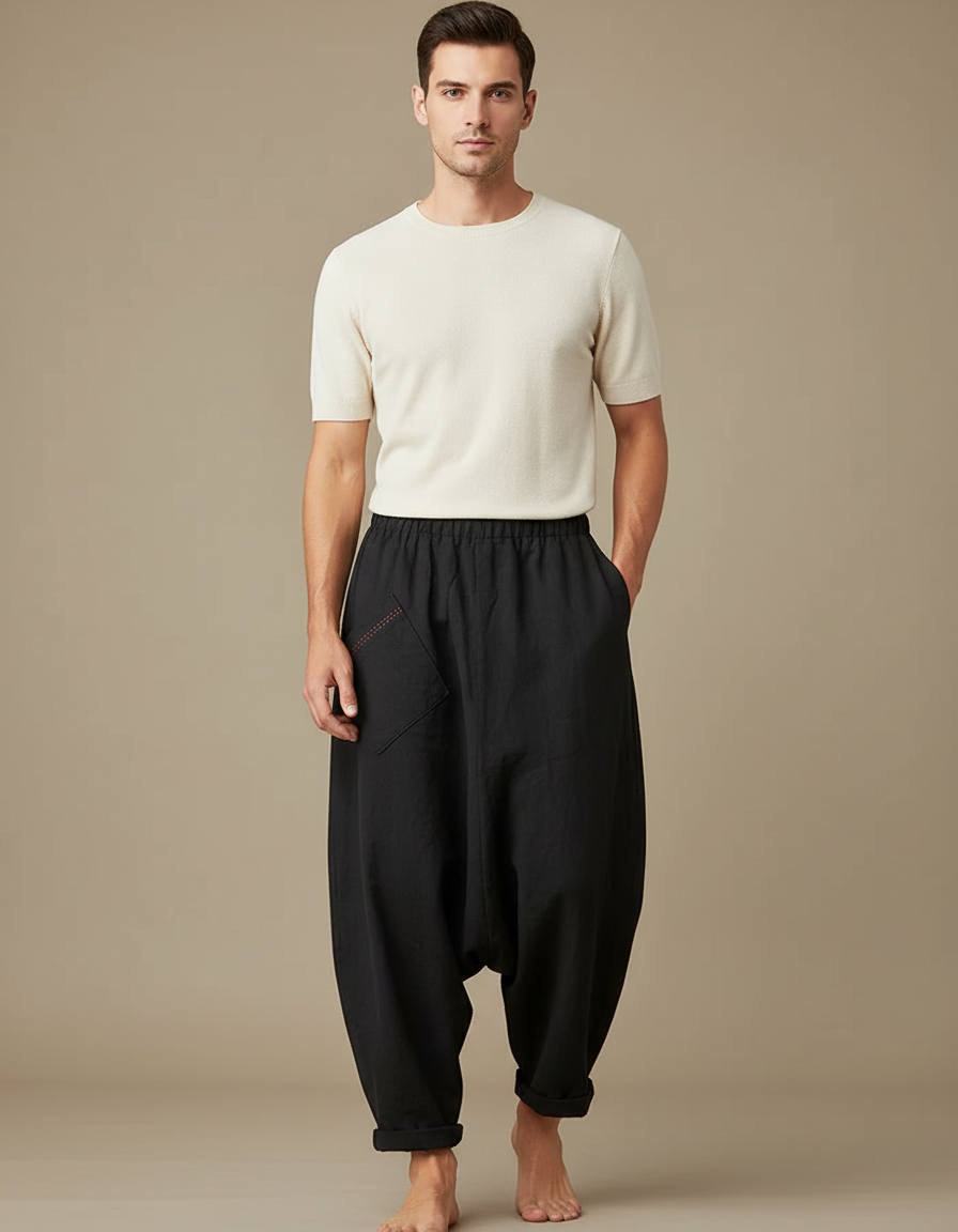 Pantalon Fluide Noir Ample Lin Homme Décontracté