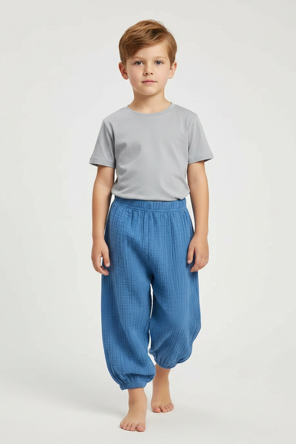 Pantalon Fluide Bleu Coton Ample Garçon Plissé