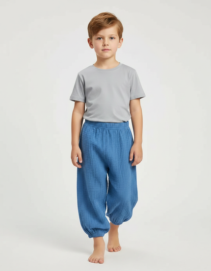 Pantalon Fluide Bleu Coton Ample Garçon Plissé