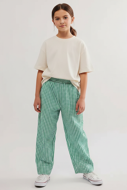 Pantalon Fluide Carreaux Vichy Vert Ample Enfant Coton