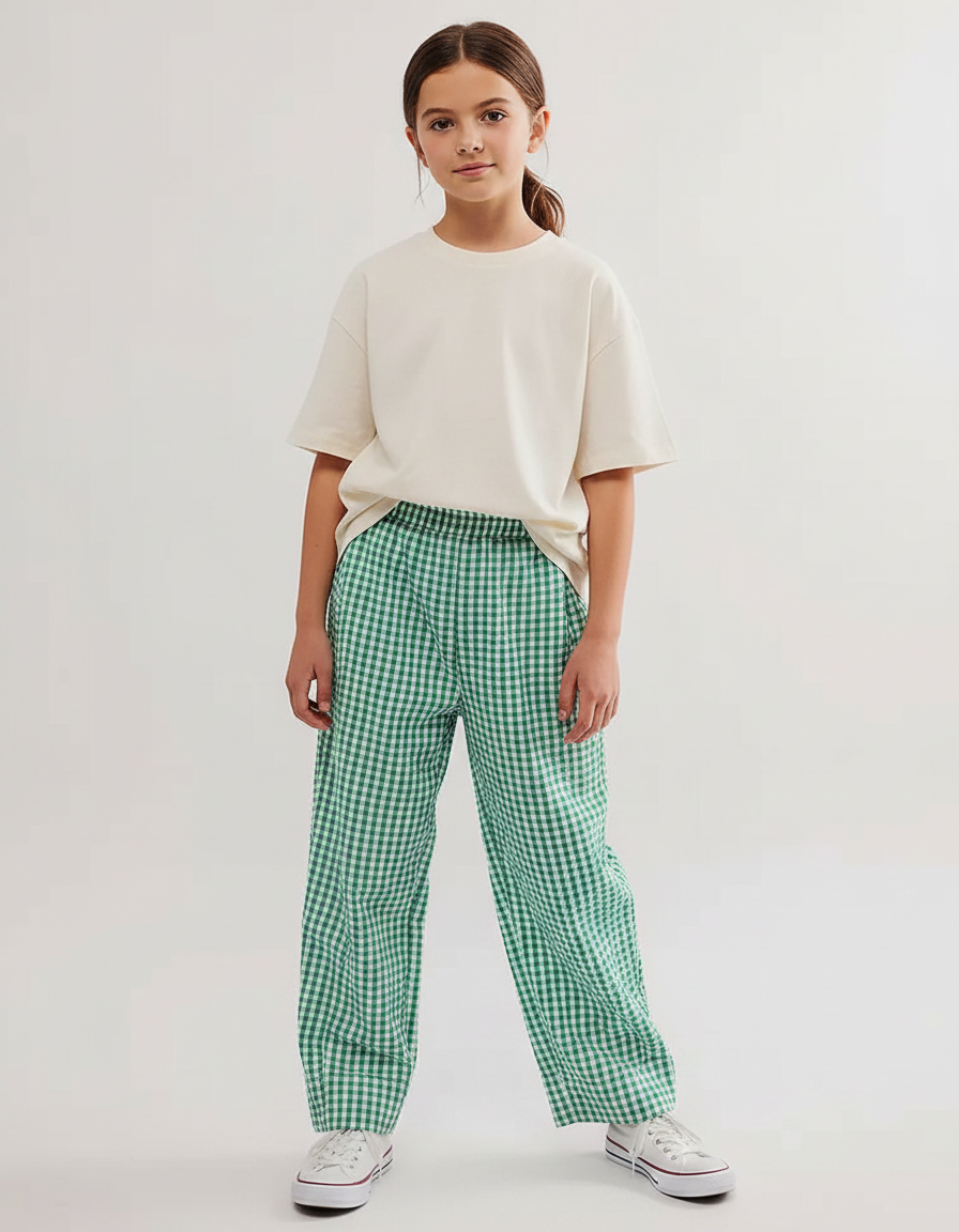 Pantalon Fluide Carreaux Vichy Vert Ample Enfant Coton