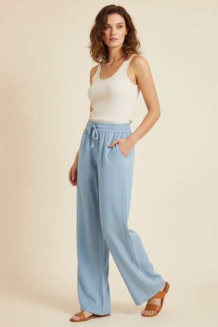 Pantalon Fluide Bleu Ciel Ample Coton Lin Décontracté