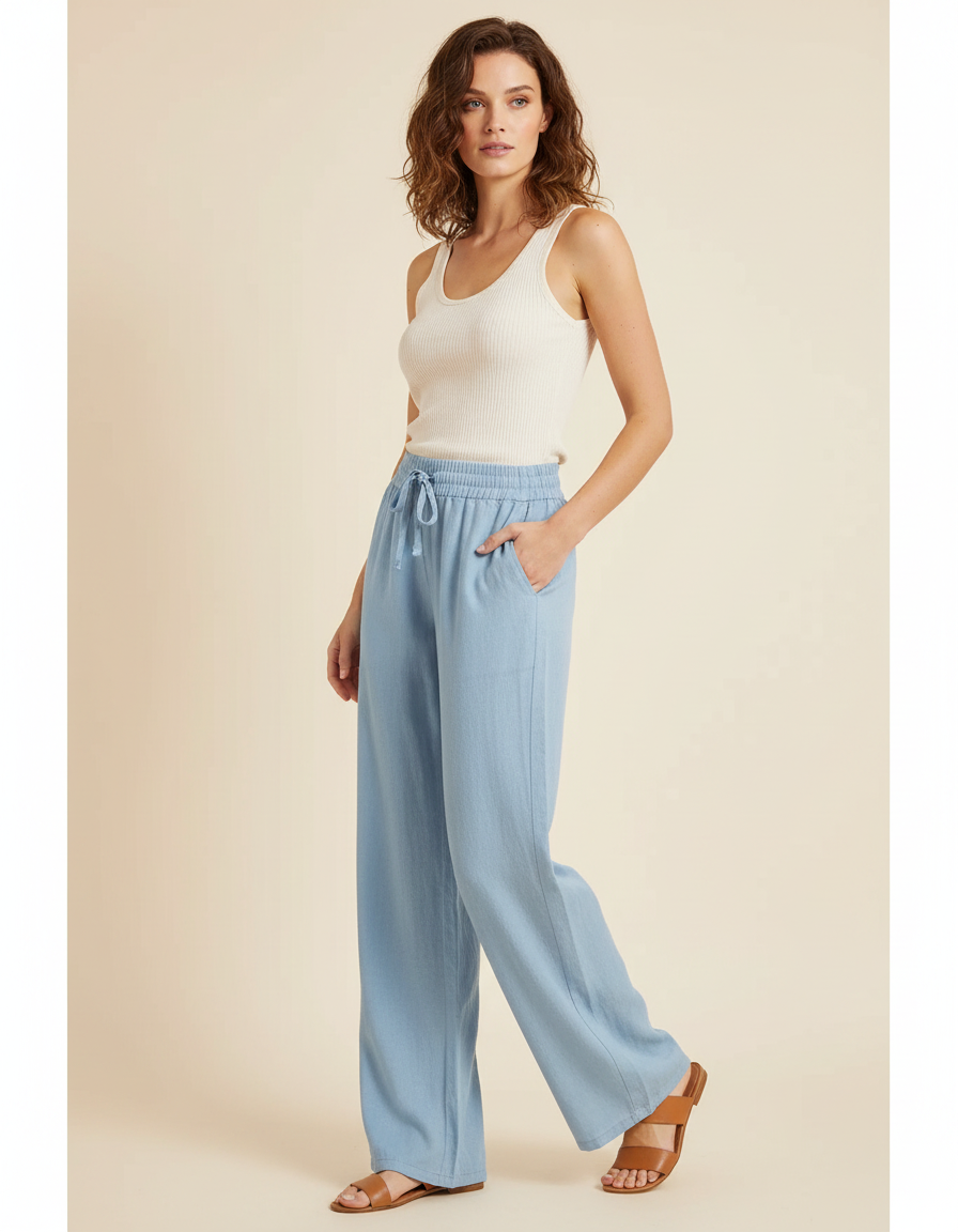 Pantalon Fluide Bleu Ciel Ample Coton Lin Décontracté