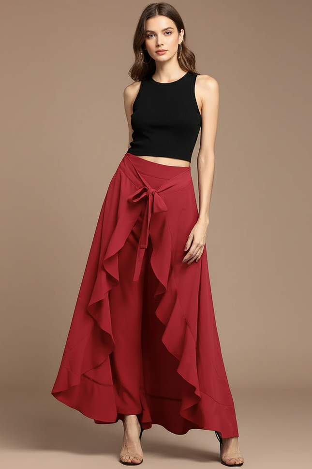 Pantalon Fluide Rouge Volants Taille Haute Élégant - Polyester