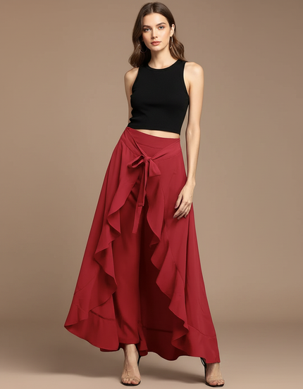 Pantalon Fluide Rouge Volants Taille Haute Élégant - Polyester