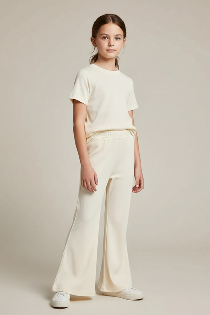 Pantalon Fluide Crème Côtelé Évasé Confortable Enfant - Beige Maille