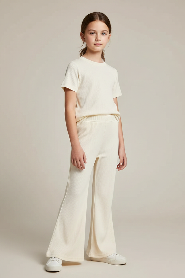Pantalon Fluide Crème Côtelé Évasé Confortable Enfant - Beige Maille