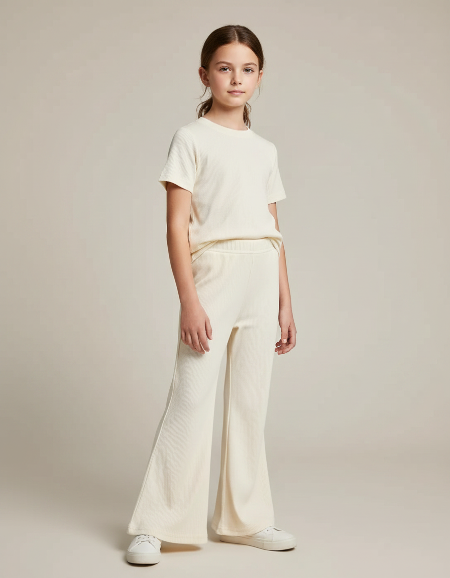 Pantalon Fluide Crème Côtelé Évasé Confortable Enfant - Beige Maille