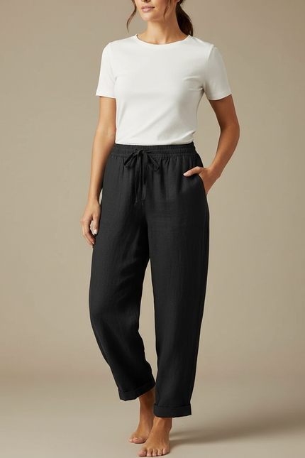 Pantalon Fluide Noir Coton Lin Ample Décontracté
