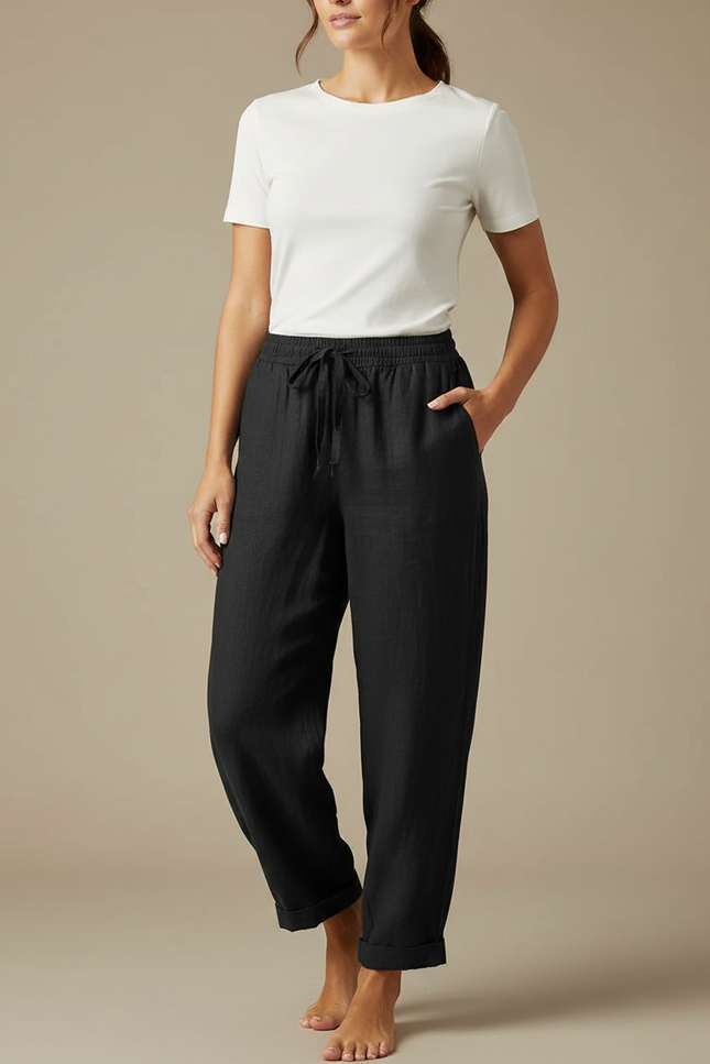 Pantalon Fluide Noir Coton Lin Ample Décontracté