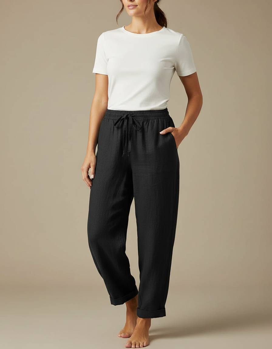 Pantalon Fluide Noir Coton Lin Ample Décontracté