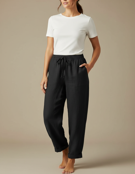 Pantalon Fluide Noir Coton Lin Ample Décontracté