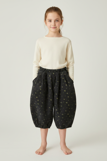 Pantalon Fluide Noir Ample Fleuri Fille - Cordé