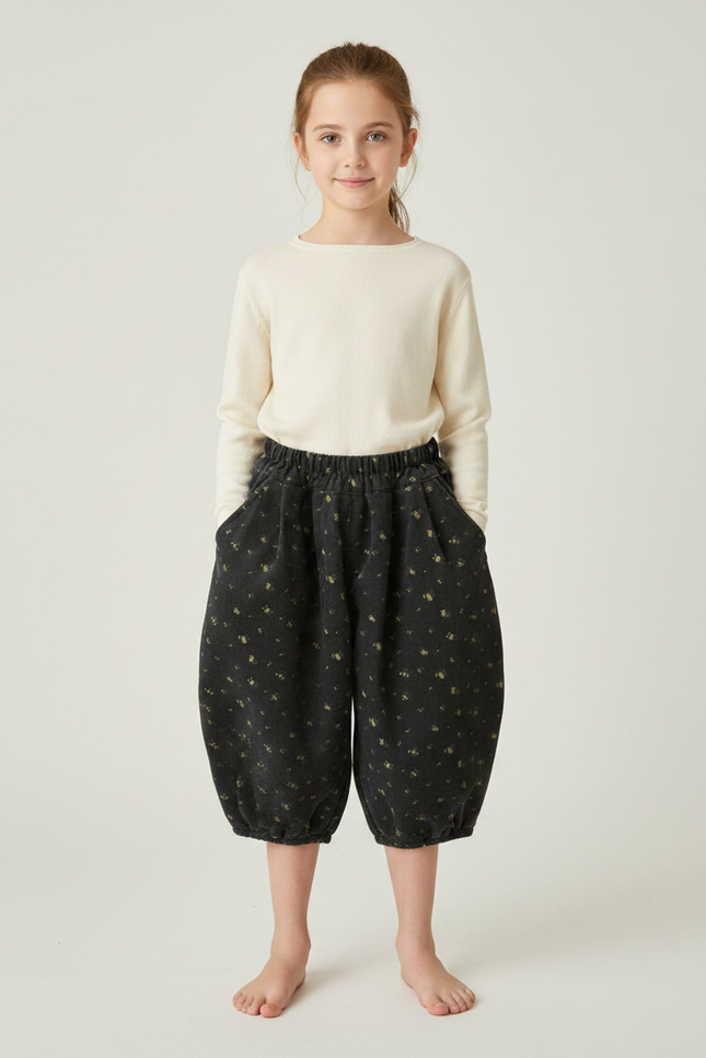 Pantalon Fluide Noir Ample Fleuri Fille - Cordé