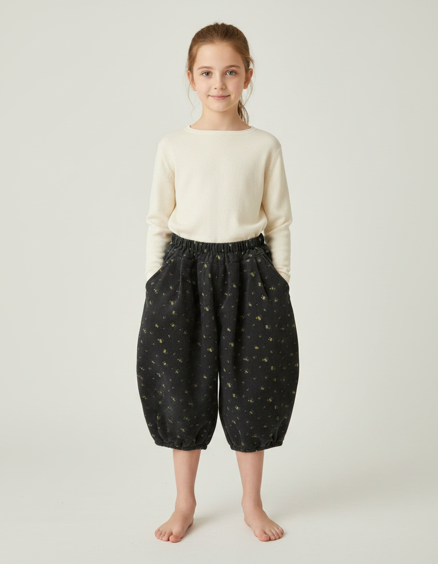 Pantalon Fluide Noir Ample Fleuri Fille - Cordé