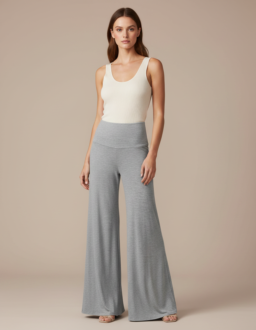 Pantalon Fluide Gris Ample Confortable Évasé Femme - Molleton