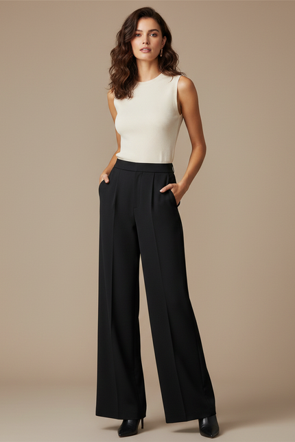 Pantalon Fluide Noir Ample Taille Haute Simple - Polyester
