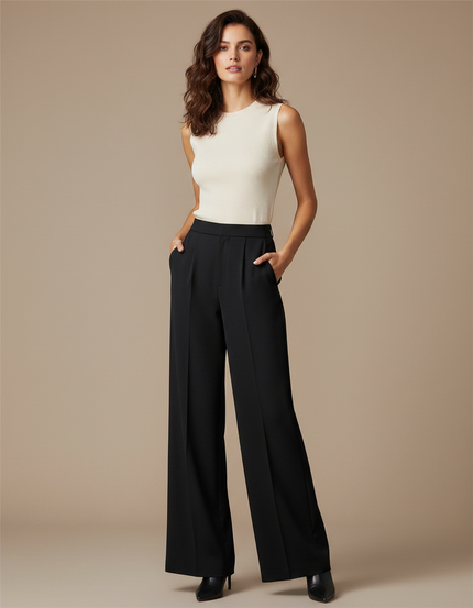 Pantalon Fluide Noir Ample Taille Haute Simple - Polyester