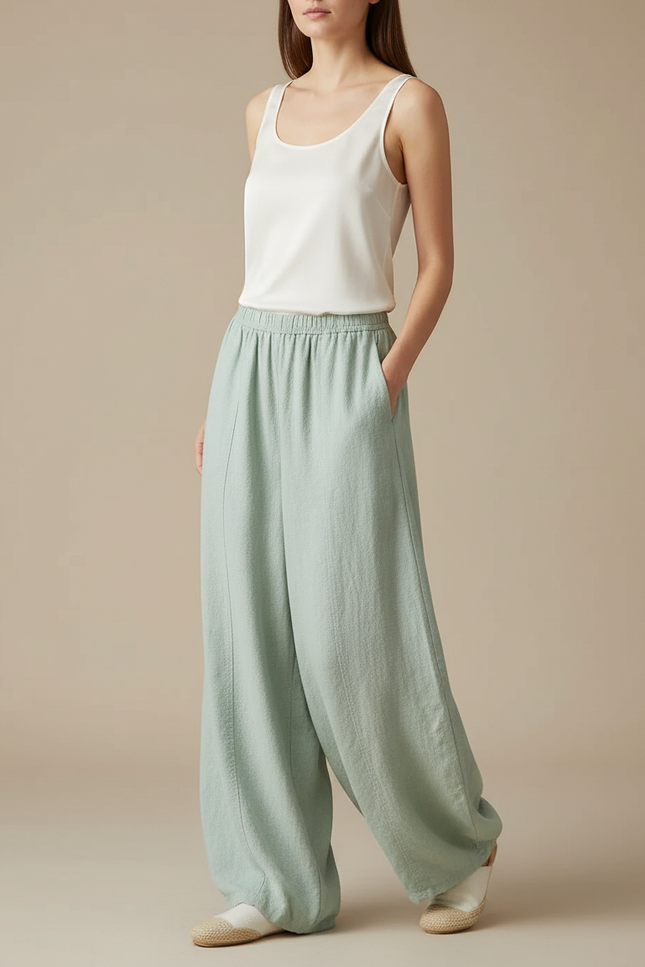 Pantalon Fluide Lin Coton Ample Vert Menthe Femme