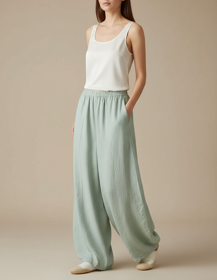 Pantalon Fluide Lin Coton Ample Vert Menthe Femme