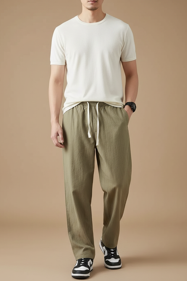 Pantalon Fluide Kaki Lin Ample Cordon Homme