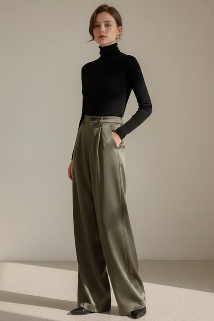 Pantalon Fluide Vert Ample Satiné Taille Haute