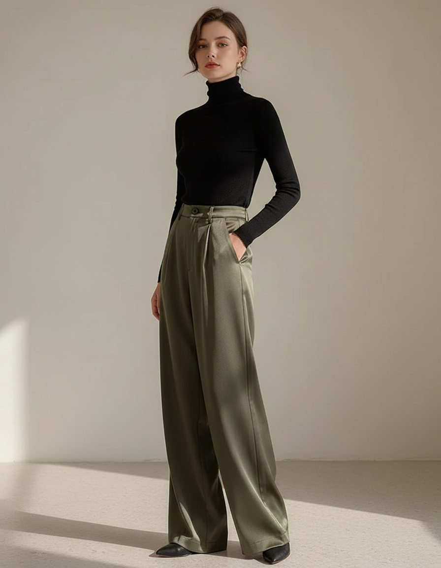 Pantalon Fluide Vert Ample Satiné Taille Haute