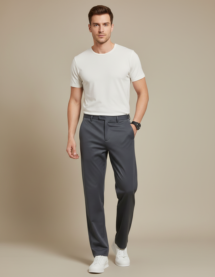 Pantalon Fluide Homme Gris Droit Décontracté Respirant - Polyester