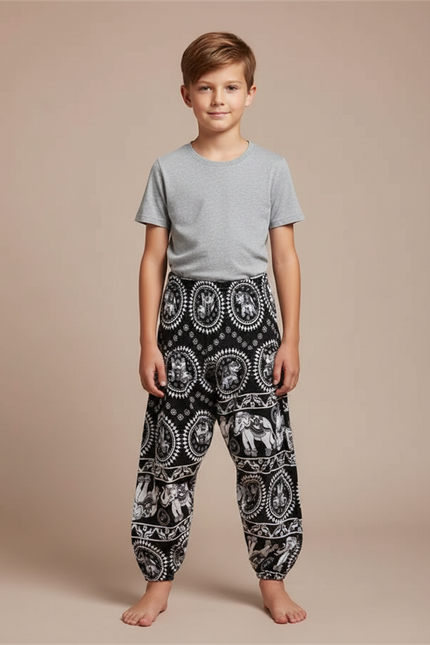 Pantalon Fluide Noir Imprimé Éléphants Ample Coton Enfant