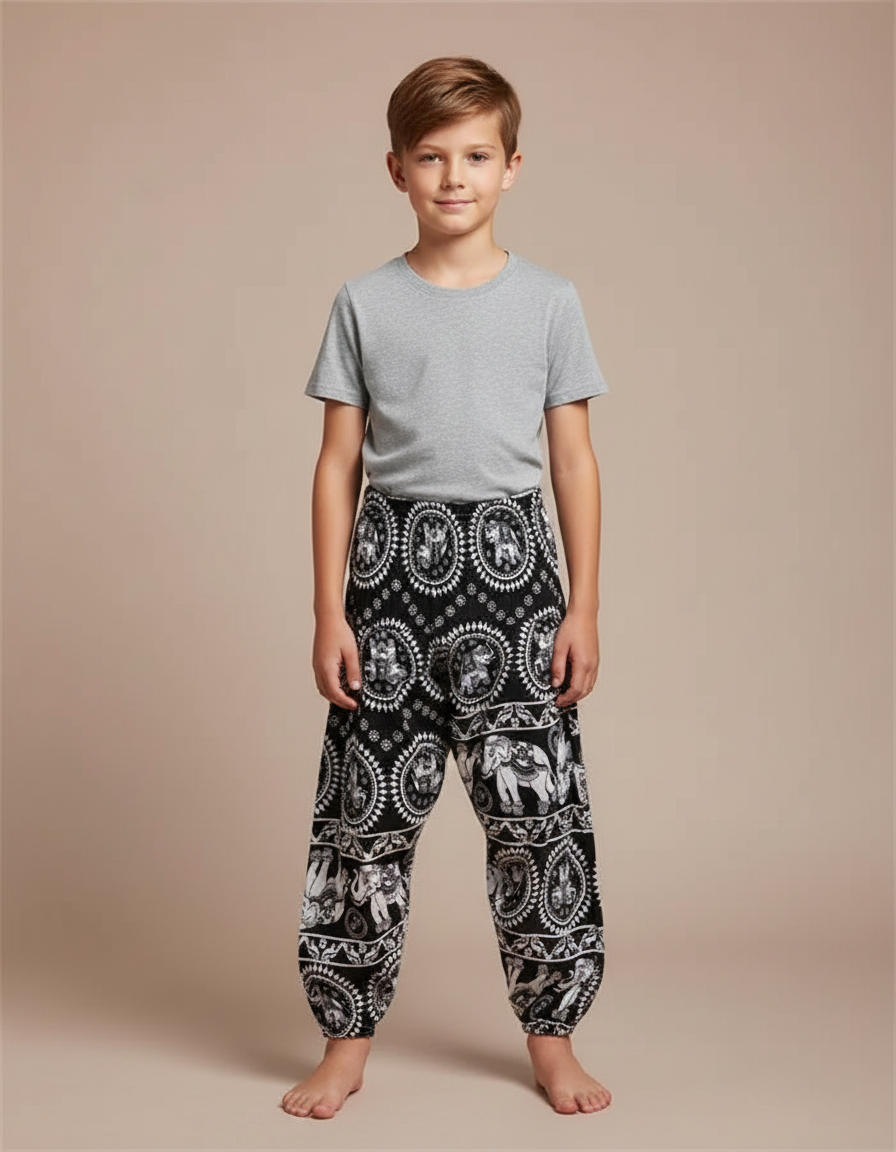 Pantalon Fluide Noir Imprimé Éléphants Ample Coton Enfant