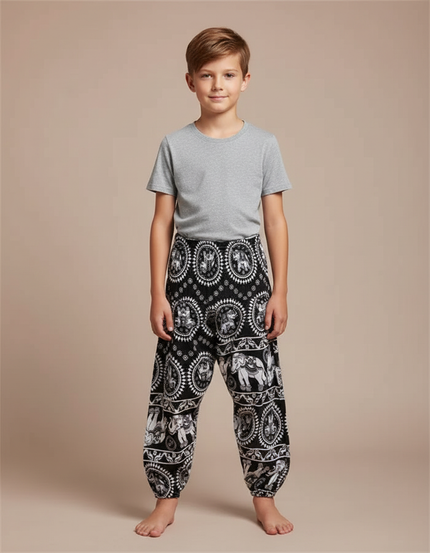Pantalon Fluide Noir Imprimé Éléphants Ample Coton Enfant