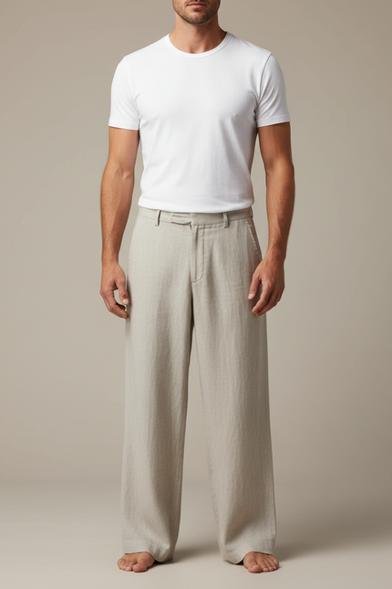 Pantalon Fluide Beige Ample Lin Décontracté Homme