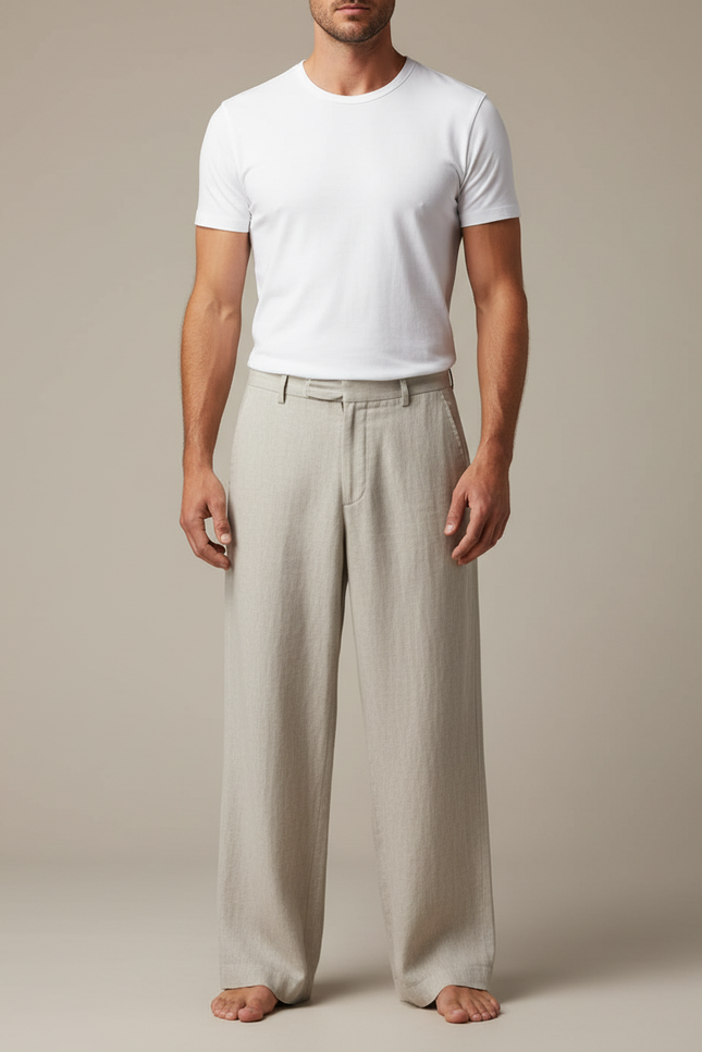 Pantalon Fluide Beige Ample Lin Décontracté Homme