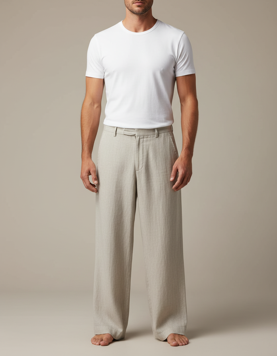 Pantalon Fluide Beige Ample Lin Décontracté Homme