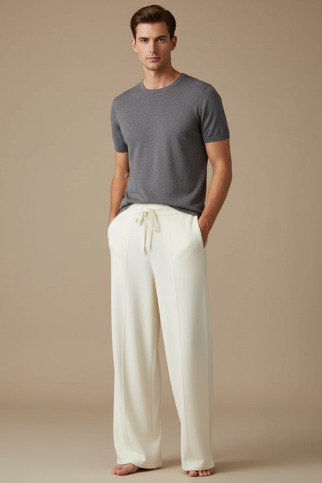 Pantalon Fluide Crème Ample Tricoté Décontracté Homme - Beige Maille