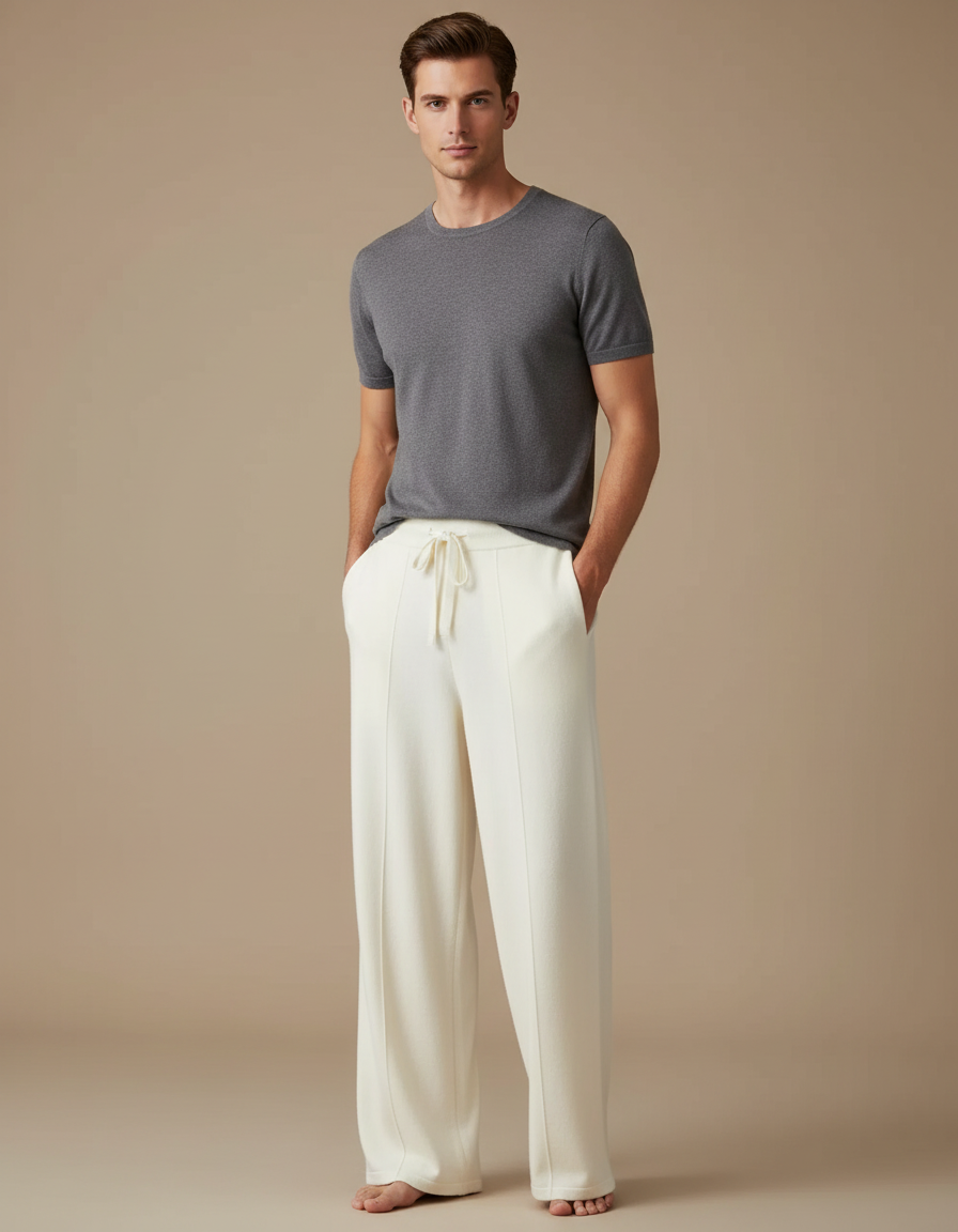 Pantalon Fluide Crème Ample Tricoté Décontracté Homme - Beige Maille
