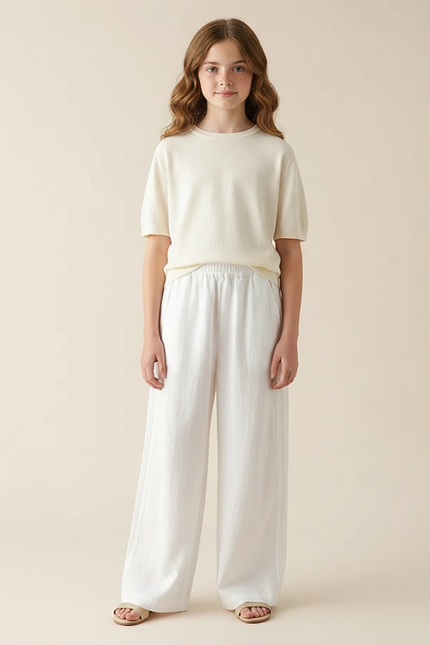 Pantalon Fluide Blanc Ample Coton Lin Fille