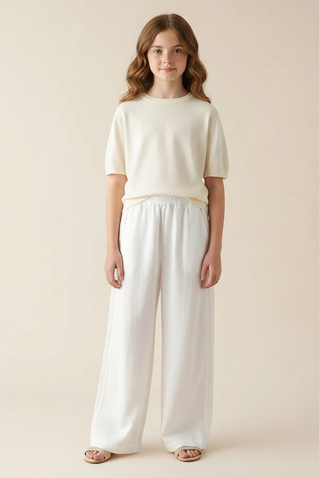 Pantalon Fluide Blanc Ample Coton Lin Fille
