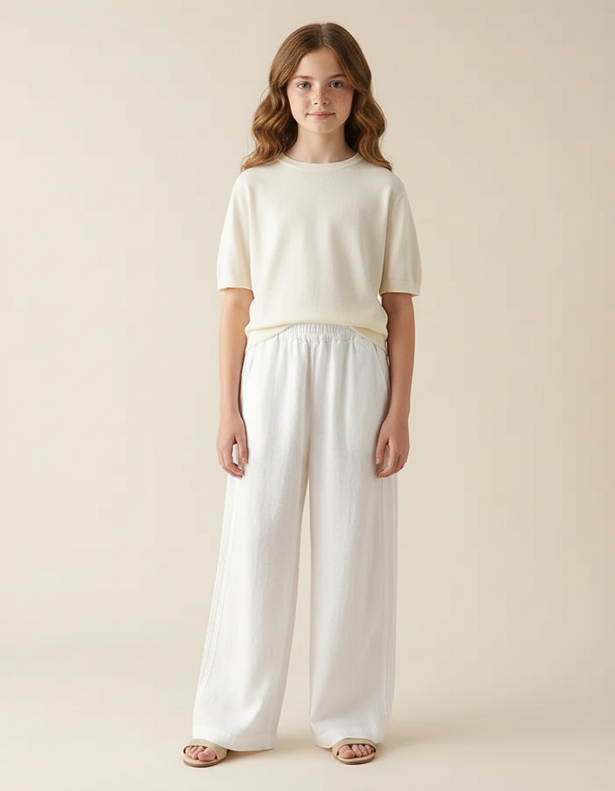 Pantalon Fluide Blanc Ample Coton Lin Fille